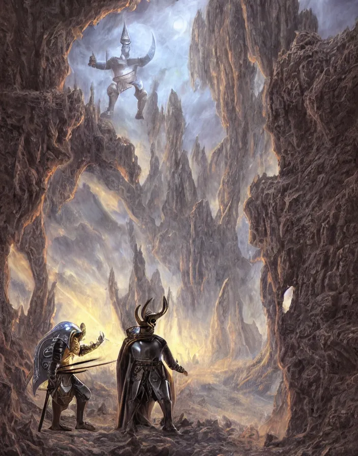 Image similar to DSLR photograph of a knight in a medieval suit of armor next to an elf wizard walking through a surrealist dimensional gateway that leads into a terrifying surrealist Bryce 3d landscape imaged by Larry Elmore Kerlaft, photo realistic