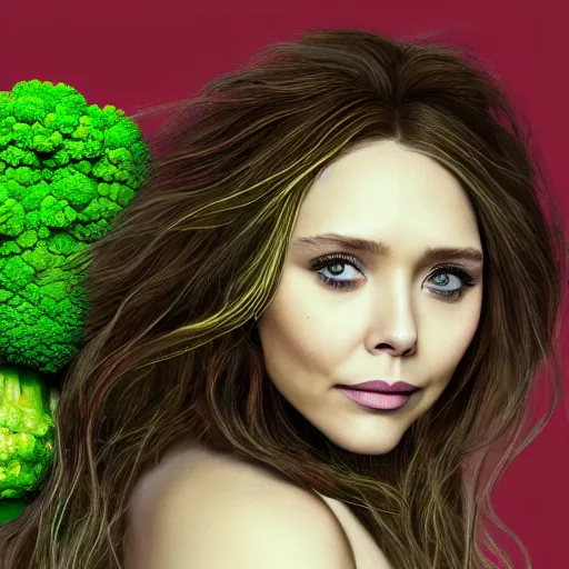 Image similar to elizabeth olsen with broccoli hair, trending on artstation, 4 k quality, intricate