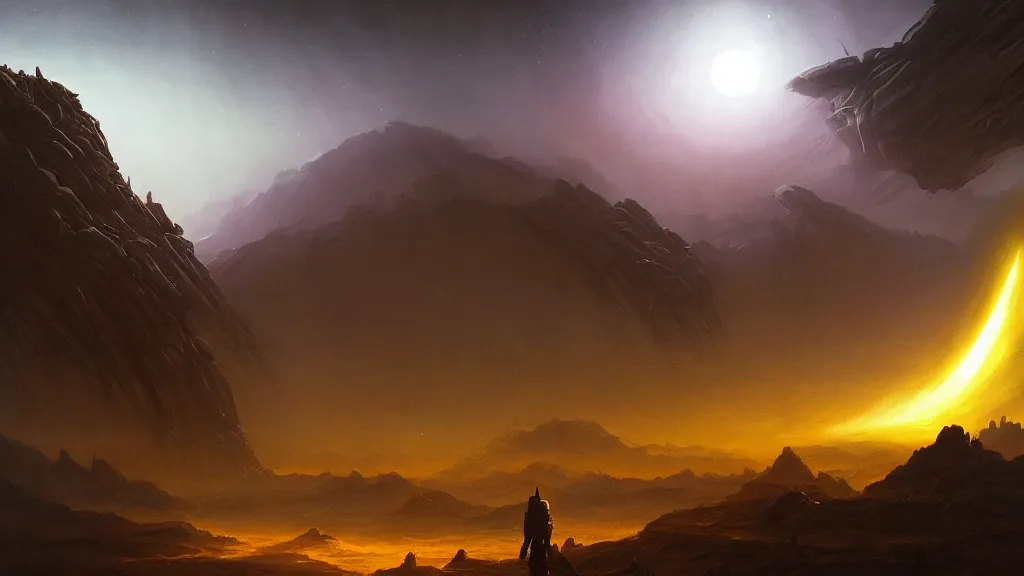 Image similar to eerie atmospheric alien planet heavily eroded by les edwards and vincent di fate and anato finnstark, epic cinematic matte painting