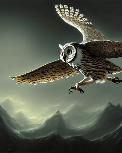 Prompt: an extremely detailed masterpiece painting of a fammulated owl in flight, in the style of brian froud, brian despain, brian bolland, digital art, unreal engine, volumetric lighting, dark moody lighting, trending on artstation, photorealistic, epic scene