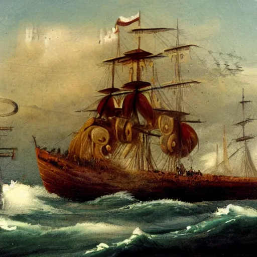 Image similar to 19th century oil painting of a german empire u-boot fighting the flying dutchman