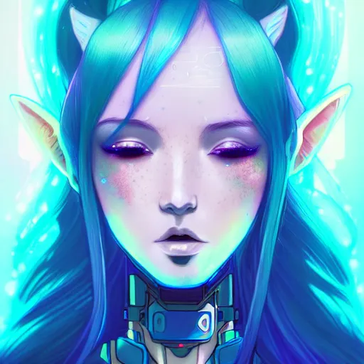 Image similar to art championship winner trending on artstation portrait of a goddess elven mecha warrior princess, head and shoulders, blue hair, matte print, pastel neon, cinematic highlights, lighting, digital art, cute freckles, digital painting, fan art, elegant, pixiv, by Ilya Kuvshinov, daily deviation, IAMAG, illustration collection aaaa updated watched premiere edition commission ✨✨✨ whilst watching fabulous artwork \ exactly your latest completed artwork discusses upon featured announces recommend achievement