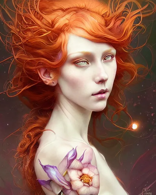 Prompt: Beautiful and playful ethereal ginger portrait, art nouveau, fantasy, intricate flower designs, elegant, highly detailed, sharp focus, art by Carne Griffith, Artgerm and Greg Rutkowski and WLOP