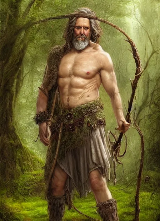 Image similar to a relaxed male middle aged druid in a sleeveless west, short brown hair, stringy, wielding a long staff which is covered in moss, full body, 8 k, hyperrealistic, hyperdetailed, fantasy portrait by laura sava