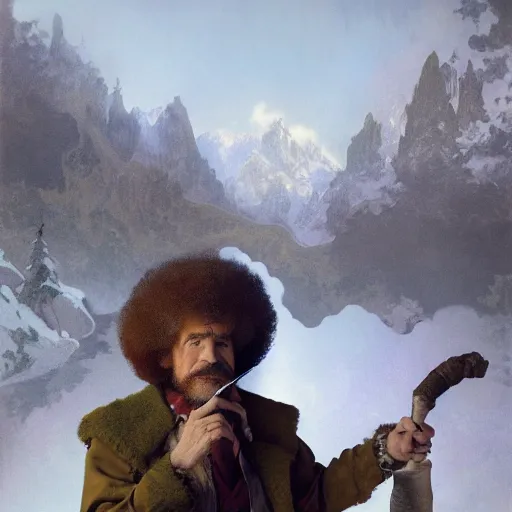 Image similar to an ultra detailed matte painting of bob ross smoking a pipe and dressed as a wandering elf druid, silver hawk animal companion, d & d, fantasy concept art by alphonse mucha and greg rutkowski, octane render, 8 k, detailed face