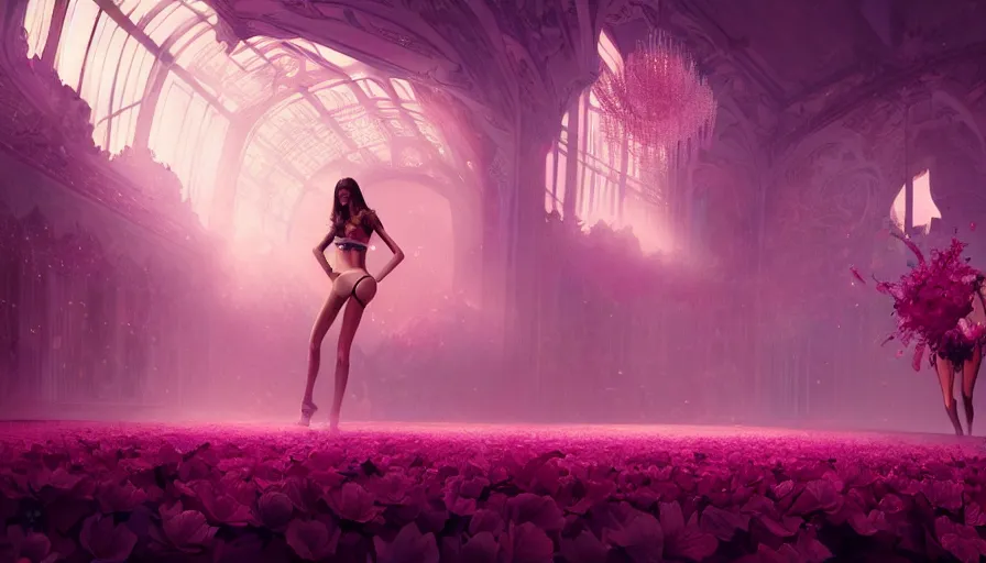 Image similar to victoria secret runway show, light, shadows, reflections, flowers, epic composition, intricate, elegant, volumetric lighting, digital painting, highly detailed, artstation, sharp focus, illustration, concept art, ruan jia, steve mccurry, artgerm and mina petrovic and timothy kong and marina federovna