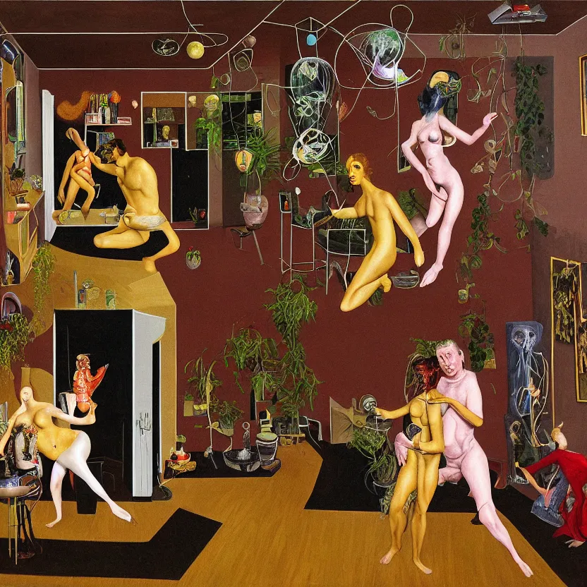 Prompt: Realistic detailed image of a man and woman bouncing in a living room of a house, floating dark energy surrounds the middle of the room. There is one living room plant to the side of the room, surrounded by a background of dark cyber mystic alchemical transmutation heavenless realm, by francis bacon and Jenny seville and victor brauner, midnight hour, part by adrian ghenie, part by jeffrey smith, part by josan gonzales, part by norman rockwell, part by phil hale, part by kim dorland, artstation, highly detailed