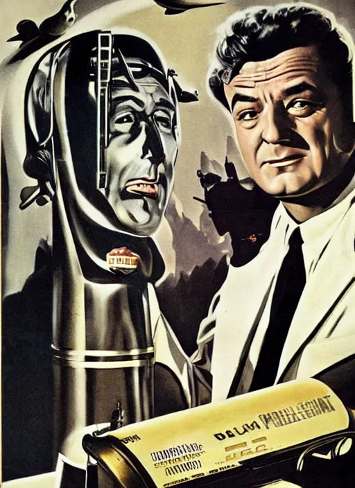 Image similar to columbo in 1 9 5 0 s pulp sci - fi movie poster, retrofuturism, highly detailed, mgm studios, david klein, reynold brown