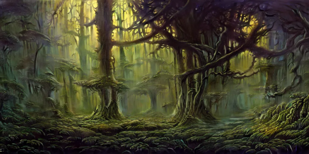 Prompt: cinematic view of a dense scifi forest, desaturated, psychedelic, tim hildebrandt, wayne barlowe, bruce pennington, donato giancola, larry elmore, oil on canvas, masterpiece, trending on artstation, featured on pixiv, cinematic composition, dramatic, beautiful lighting, sharp, details, hyper - detailed, hd, hdr, 4 k, 8 k