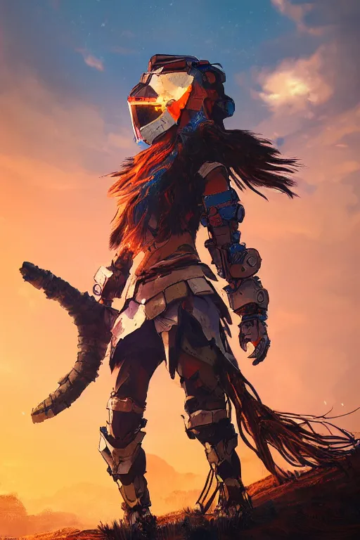 Image similar to combination suit armor aloy horizon forbidden west horizon zero dawn radiating a glowing aura global illumination ray tracing hdr fanart arstation by ian pesty and alena aenami artworks in 4 k tribal robot ninja mask helmet backpack