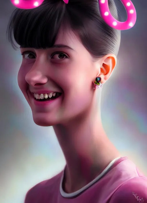 Image similar to portrait of high school girl, realistic, black hair, bangs, half updo hairstyle, pointy nose, skinny, smile, ugly, defined jawline, big chin, pink hair bow, earrings, intricate, elegant, glowing lights, highly detailed, digital painting, artstation, sharp focus, illustration, art by wlop, mars ravelo and greg rutkowski