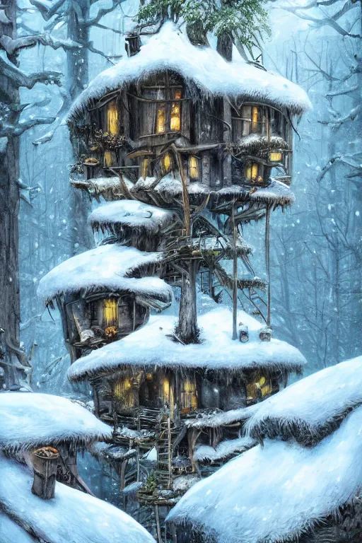 Prompt: a storybook ramshackle multistory tree hut in the snowy woods, elegant, fantasy, highly detailed, digital painting, concept art, sharp focus, illustration, artstation, fairytale style