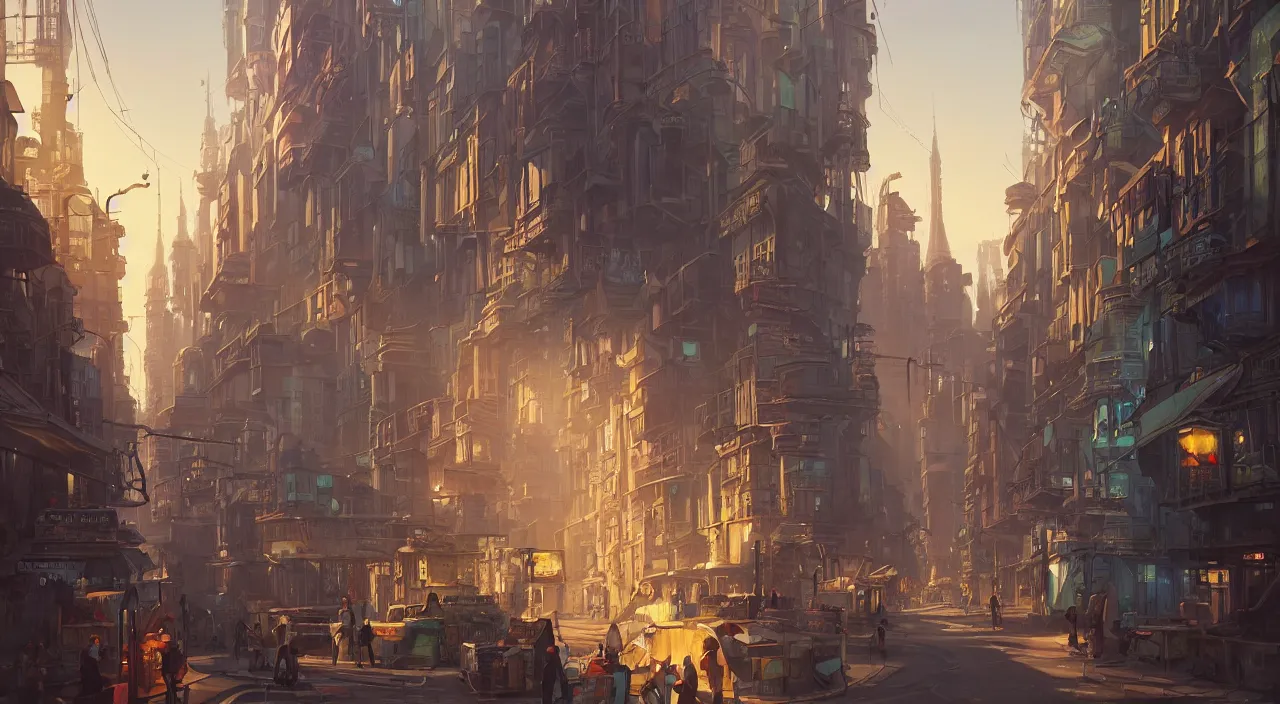 Image similar to an street level painting with high detail, ground level, sci - fi colorful victorian megacity at golden hour with sharp shadows by tyler edlin and sparth, 4 k, vray, art nouveau influences. roger deakins, cinematic cinematography.