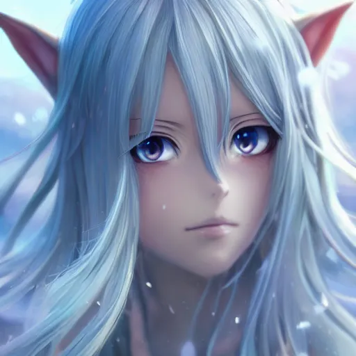 Image similar to a very beautiful anime elf girl, full body, long straight silver hair, sky blue eyes, full round face, short smile, casual clothes, ice snowy lake setting, cinematic lightning, medium shot, mid-shot, highly detailed, trending on Artstation, Unreal Engine 4k, cinematic wallpaper by Stanley Artgerm Lau, WLOP, Rossdraws, James Jean, Andrei Riabovitchev, Marc Simonetti, and Sakimichan