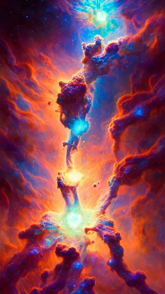 Prompt: psychedelic transcendent puffs! of smoke explosion, space, supernova, nebulae, pillars of creation, enlightenment, high contrast lighting, highly detailed, concept art, art by collier, albert aublet, krenz cushart, artem demura, alphonse mucha