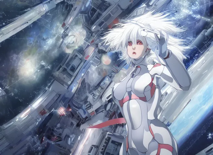 Image similar to This is a digital art piece by Yoshiyuki Sadamoto that is trending on artstation. It is a 8K UHD image of Rei Ayanami, a female anime character, inside a space station with technological rings. She is shot from the ground by Yoshiyuki Sadamoto. The environment is a concept design and the art is hyper realistic with intricate details.