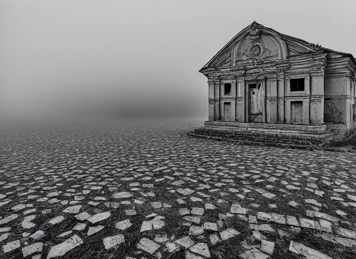 Image similar to high resolution black and white photography with a 3 5 mm f / 2 2. 0 lens of architectural building blocks bulgaria in the middle of nowhere in the 8 0's, there is fog. fine art photography and very detailed