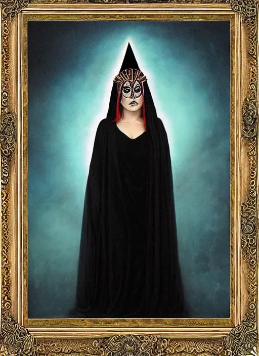 Image similar to acid tripping cult magic psychic woman, third eye, occult ritual, dark witch headdress, oil painting, robe, symmetrical face, greek dark myth, by John William Godward and Anna Dittman, masterpiece