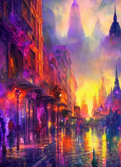 Image similar to ethereal starlit city of magic lost in time at sunset, art station, fauvism, matte painting, johan grenier, hd, digital painting