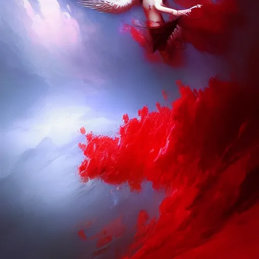 Image similar to a fallen angel in red fluid simulation, painting by ross tran and ivan aivazovsky