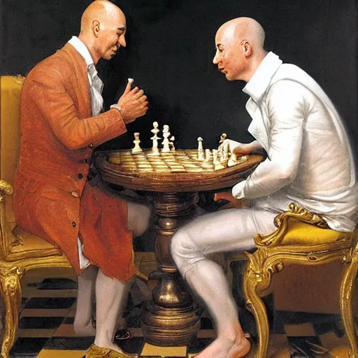 Image similar to jeff bezos with robin wiiliams playing chess looking wise, rococo oil painting, highly detailed