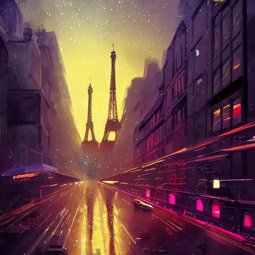 Prompt: the city of neo - paris in 2 0 9 9. concept art, artstation, cityscape, night time, raining, vibrant colors, cyberpunk, french architecture