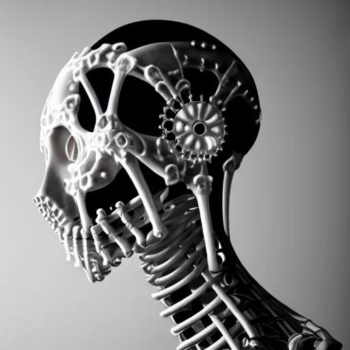 Image similar to black and white dreamy foggy portrait, skeletal biomechanical beautiful young female cyborg priestess - robot bust, body ribs meshes,, volumetric light, rim light, by dora maar and cecile beaton, big gothic fashion pearl embroidered collar, 8 k