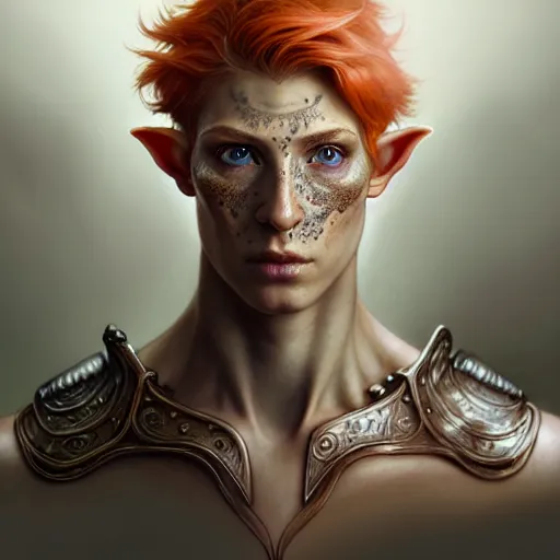 Image similar to portrait painting of an elven young man with short light orange hair and freckles and tree tattoos on his cheekbones light armor, ultra realistic, concept art, intricate details, eerie, highly detailed, photorealistic, octane render, 8 k, unreal engine. art by artgerm and greg rutkowski and charlie bowater and magali villeneuve and alphonse mucha