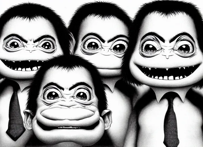 Image similar to black and white simple ms paint doodle of group portrait of anthropomorphic wide - angle group portrait of grey cute mr bean goblins looking funny, art by artgerm, bob eggleton,