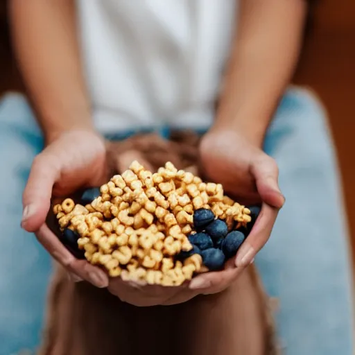 Image similar to a woman holding thunder in her hands over a bowl of cereal