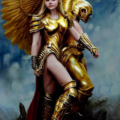 Image similar to ultra realistic medium shot portrait painting of elle fanning wearing golden valkyrie armor, art by frank frazetta, 4 k, ultra realistic, highly detailed, epic lighting