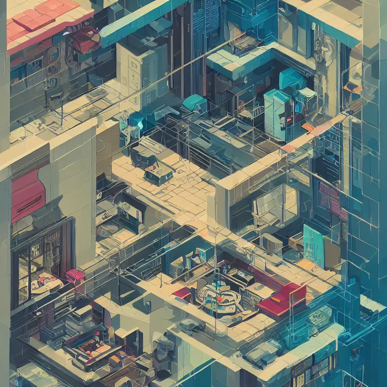 Prompt: isometric view illustration of a Cyberpunk apartment, highly detailed, by James Gilleard and Bruce Pennington