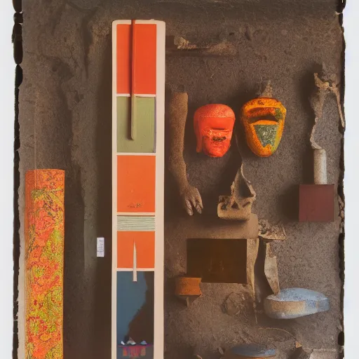 Image similar to A three color offset photography of an hybrid object that combines conceptual ethnographic artifact, anthropology of wonder, and exotic artifacts, exhibition, collection, 4k, museum, 60s style