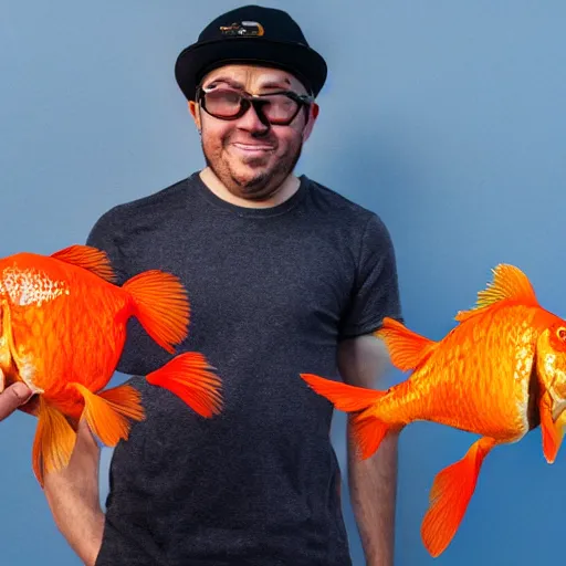 Image similar to gigantic goldfish cracker next to a man that is three times smaller than the cracker, 8 k, 4 k, professional photography, award winning photograph