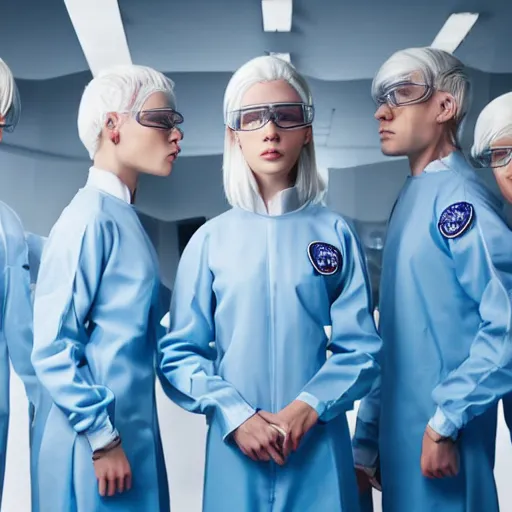 Image similar to sixtuplets, white hair, tight light blue neopren space uniforms, futuristic chemistry lab, sci - fi, highly detailed, cinematic