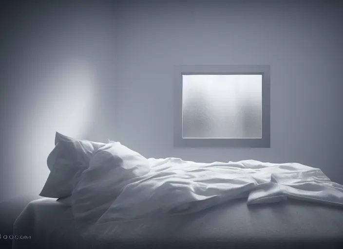 Image similar to photography of a Jack Russel watching outside the window on a bed in a 3d rendered white room, octane render, 3d, foggy, volumetric light, volumetric fog, photorealistic, unreal engine 5, award winning photo, 100mm, sharp, cloth, high res