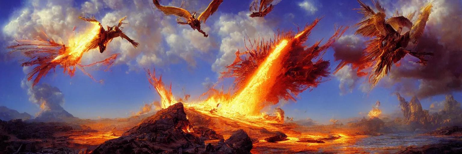 Prompt: awe-inspiring bruce pennington landscape digital art painting of icarus crashing and burning his chariot, 4k, matte