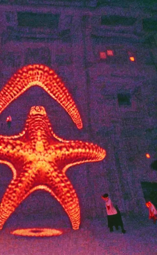 Image similar to light coming out of one starfish - like kaiju anthropomorphic monster, korean film noir by kim jong - il, korean traditional palace, pyongyang city, 1 9 6 0 s, red color bleed, 4 k, video compression, video glitch, monochrome, akira kurosawa, mamoru oshii, wes anderson, stanley kubrick