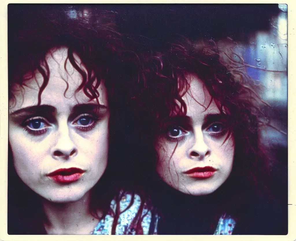 Prompt: closeup of young Helena Bonham Carter on the lower east side, Polaroid, raining!!!, nightime, colorful, 1970s, photorealistic, atmospheric,