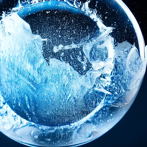 Prompt: closeup professional photo of the raw essence of the element of blue turbulent water, ice chunks trapped inside a full glass perfectly round sphere hovering in the air, arcane magic, ultra detailed, dramatic lighting