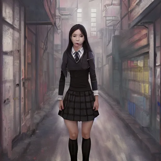 Prompt: a perfect, realistic professional digital oil painting of a Japanese schoolgirl posing in a dystopian alleyway, style of Marvel, full length, by a professional American senior artist on ArtStation, a high-quality hollywood-style concept