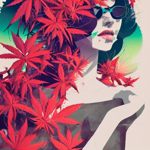 Image similar to surreal gouache painting by conrad roset, cannabis flowers growing out, portrait, cgsociety, artstation