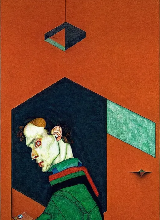 Prompt: modern creative coder with a computer in geometric harmony, by egon schiele and quint buchholz, portrait, colorful, escher++, detail