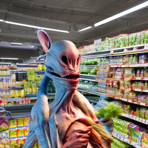 Image similar to mid shot of an realistic alien dressed by emidio tucci buying groceries at the store, shot by amanda carlson and alex strelkovv, professional photo, masterpiece, very detailed, hyper - realistic, unreal engine, straight face, cinematic, 4 k