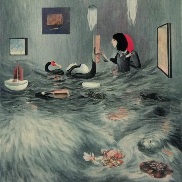 Image similar to tall female emo artists in their flooded apartment, painting of flood waters inside an artist's home, a river flooding indoors, pomegranates, pigs, ikebana, zen, water, octopus, river, rapids, waterfall, black swans, canoe, berries, acrylic on canvas, surrealist, by magritte and monet