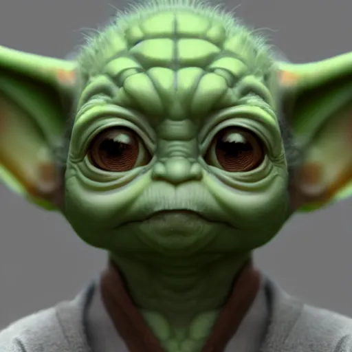 Image similar to portrait of baby yoda as a middle-aged man, au naturel, hyper detailed, digital art, trending on artstation, cinematic lighting, studio quality, smooth render, unreal engine 5 rendered, octane rendered, art style by klimt and nixeu and ian sprigger and wlop and krenz cushart