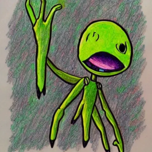 Image similar to crayola drawing of an alien showing it's fingers, green skin, big dark eyes, space suit, desert backround, detailed drawing,