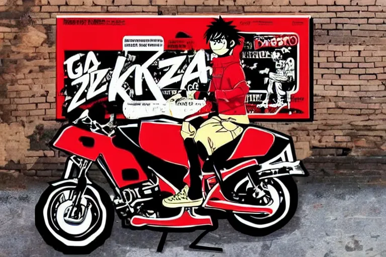 Image similar to italian pizza, akira's motorcycle, gorillaz, flyer, kid drawn