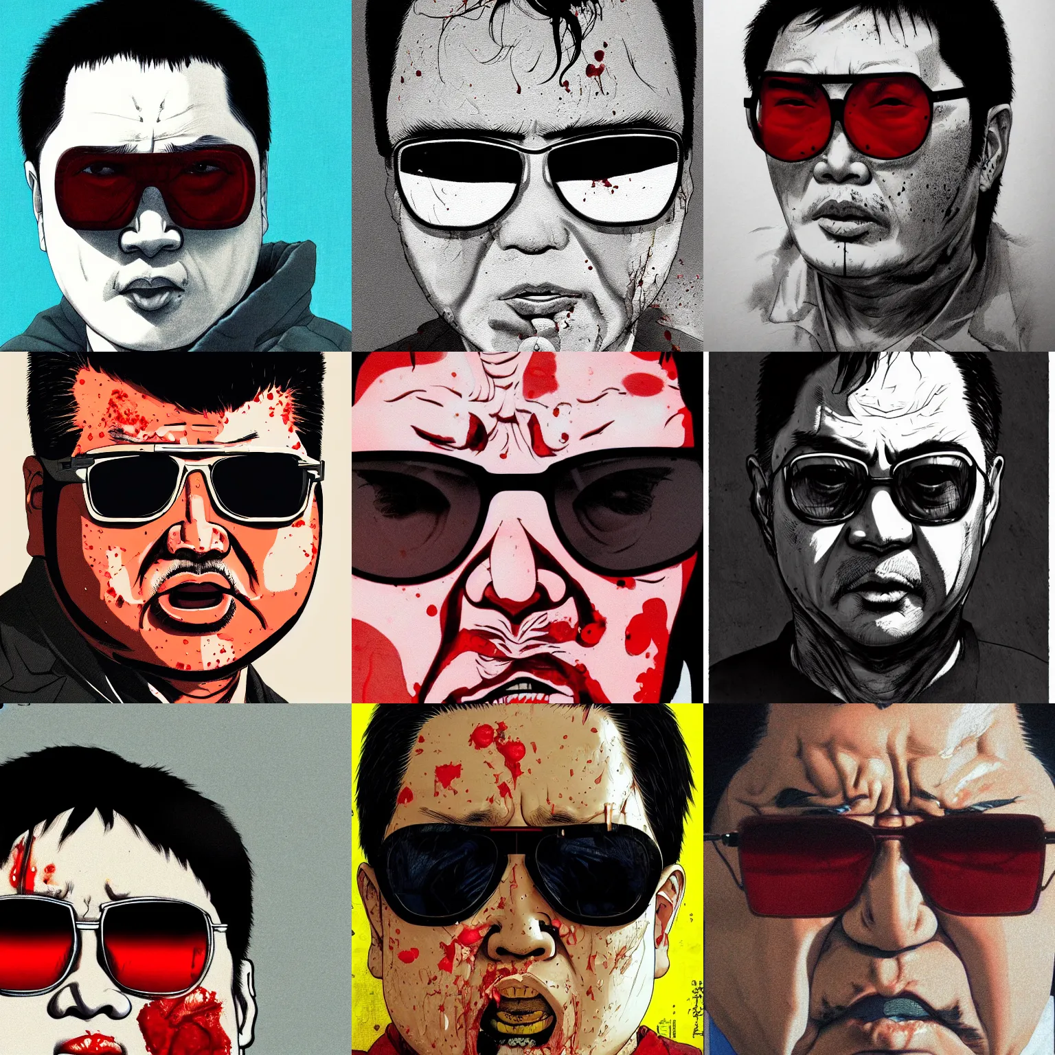 Prompt: a close up portrait of a bloodied chow yun - fat wearing shades, by katsuhiro otomo, akira movie style, mother sarah artist, highly detailed, trending on artstation, illustration, concept art