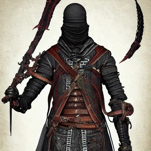 Image similar to Full body profile of Male Victorian Gothic Ninja, hd, intricate, bloodborne, 8k, digital art